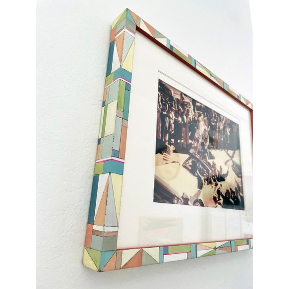 Hand Painted Chalk Paint Pastel Multi Color Geometric Pattern Wood Frame 12x15 - Picture 2 of 8